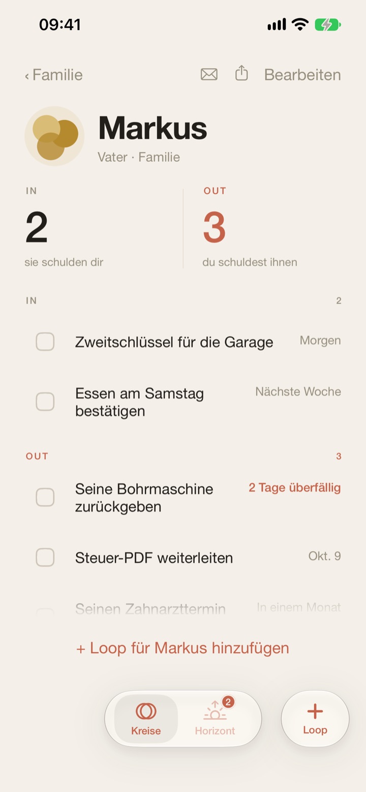 Die Seite einer Person in Tally: Markus (Vater · Familie), mit In 2 (sie schulden dir) und Out 3 (du schuldest ihnen) und den Loops auf beiden Seiten.
