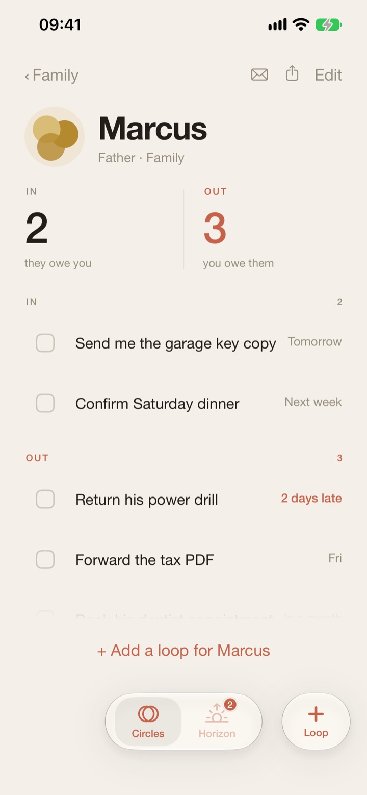 A person’s page in Tally: Marcus, Father in the Family circle, with In 2 (they owe you) and Out 3 (you owe them), and the loops listed under each side.