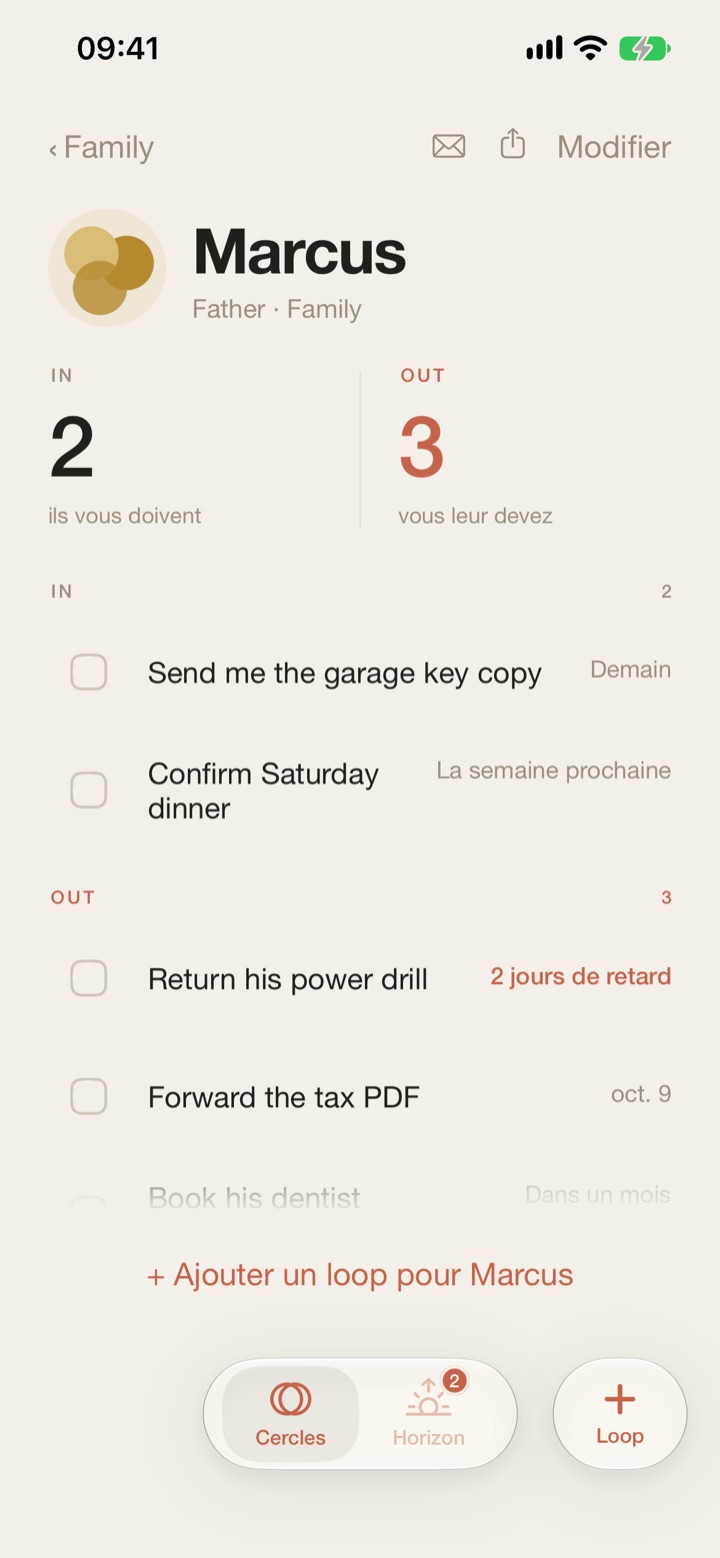 La page d’une personne dans Tally : Marcus (Father · Family), avec In 2 (ils vous doivent) et Out 3 (vous leur devez), et les loops de chaque côté.